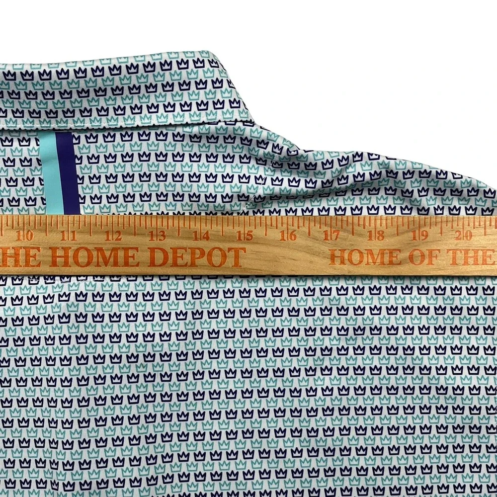 Rhoback Polo Shirt Mens XXL White‎ Navy Teal Crown Print Performance Golf Preppy